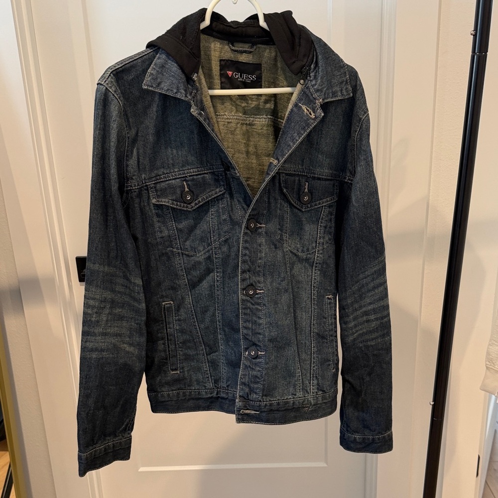 GUESS Men's Dark Denim Jacket with Zipper Hood 100% Cotton